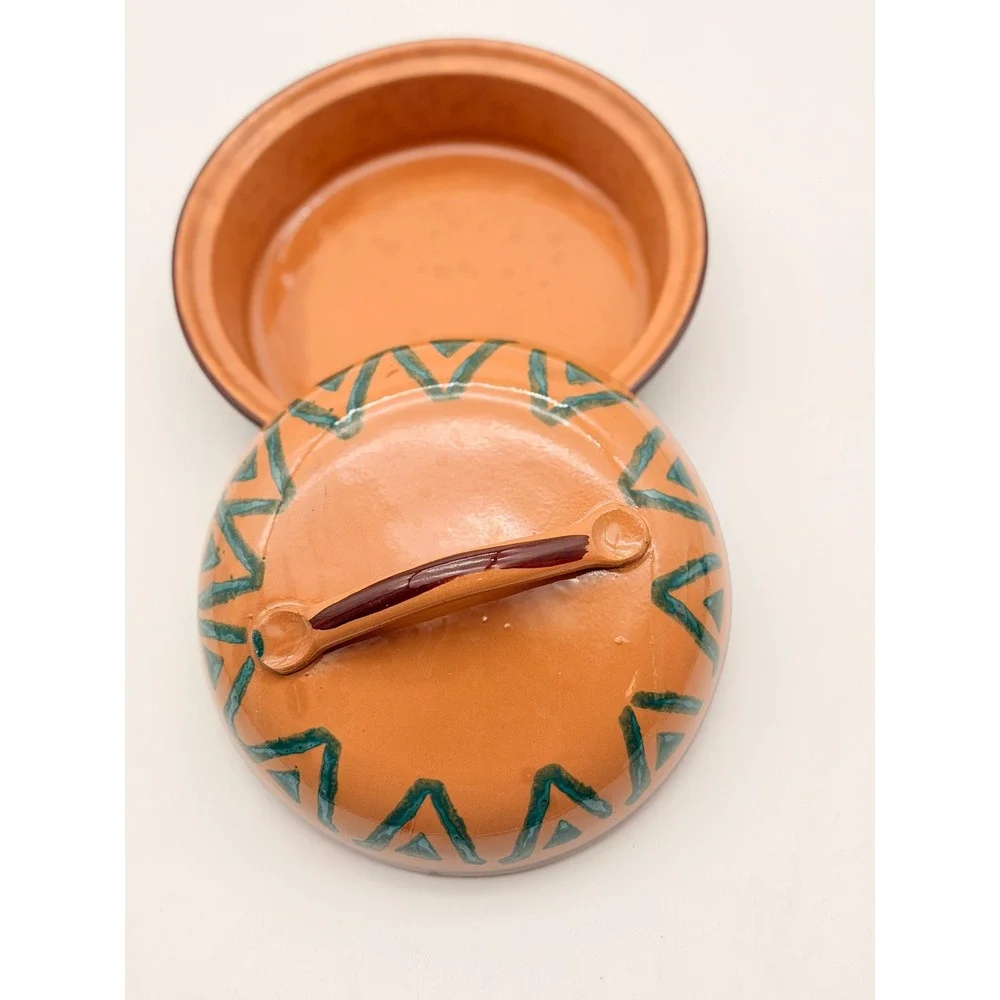 Vintage Hand Painted Terracotta Lidded Dish Southwestern Geometric Pier 1 Italy